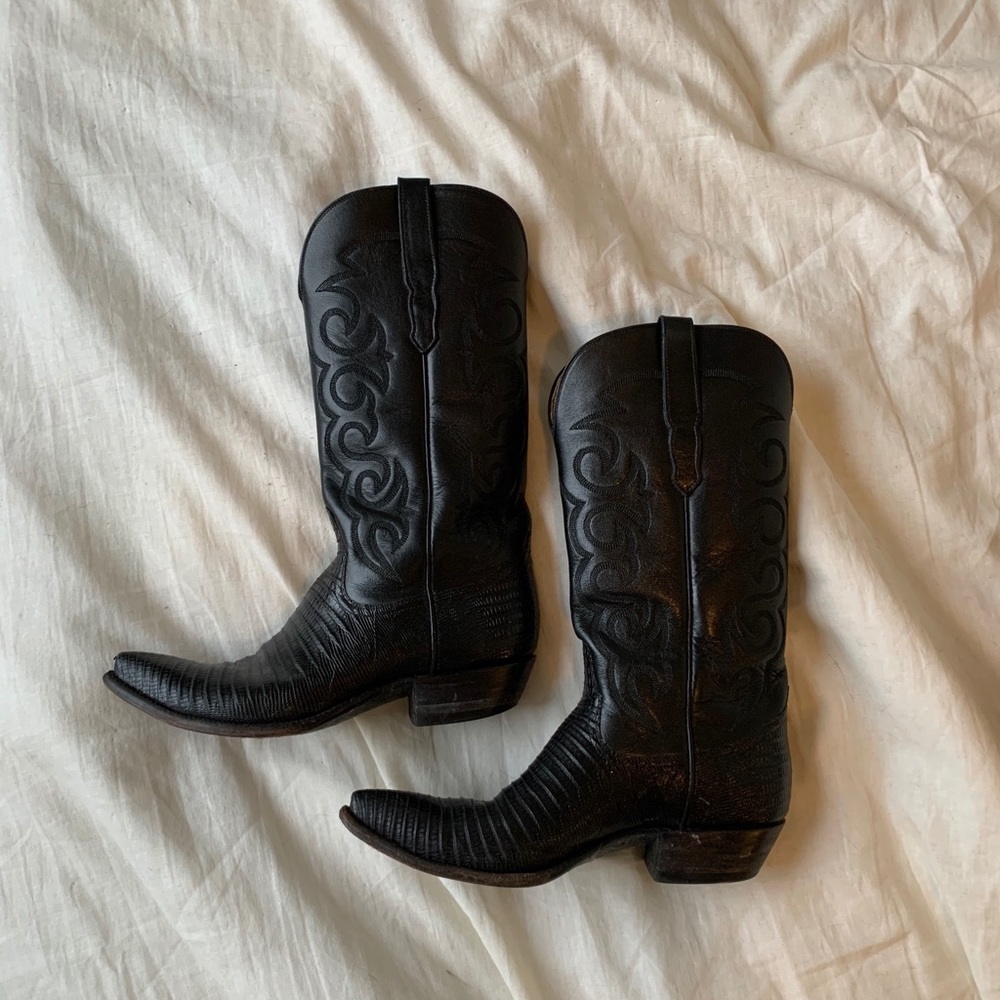 Black Leather Lizard Toe Cowboy Boots